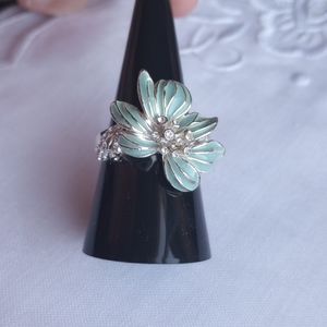 Vintage Silver mint green flower with rhinestone center ring